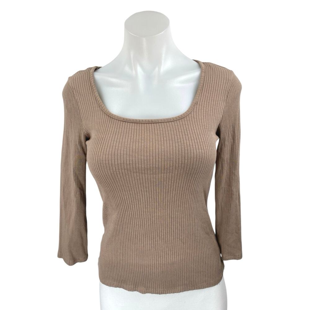 Cyrus Women Tan Beige Ribbed Knit Long Sleeve Square Neck T Shirt Tee Top Size S